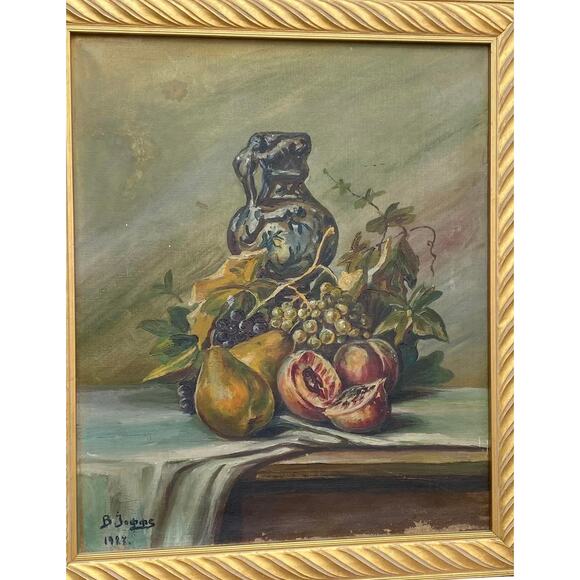 1927 Dutch Oil on Canvas Still Life Study “Fruit With Urn” Signed B. Jopps - Picture 2 of 12